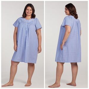 Miss Elaine Seersucker Short Midi Robe Navy Blue White Check Size 2X NEW $54